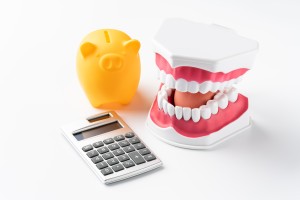 歯の模型と電卓と貯金箱の画像
