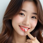 口元を指差す女性